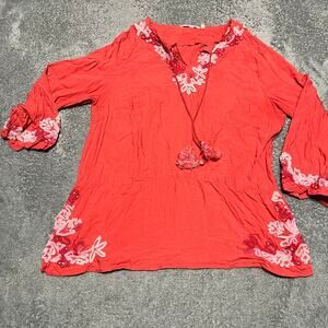 Soft Surroundings Shirt Womens 1X Plus Beaded Sequin Tunic Coral Embroidered
